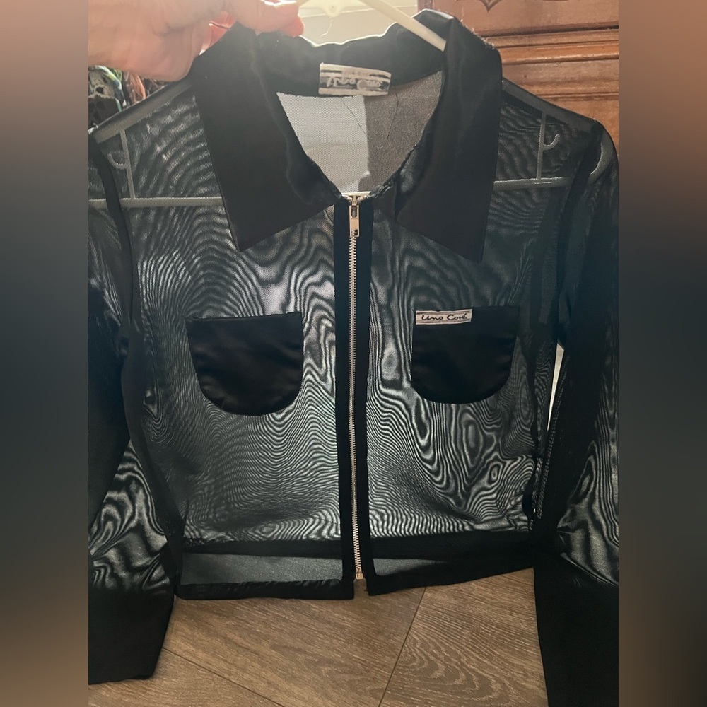 Vintage 90s Uno Core Zippered Black Sheer Top w Satin Collar & Chest Pockets M